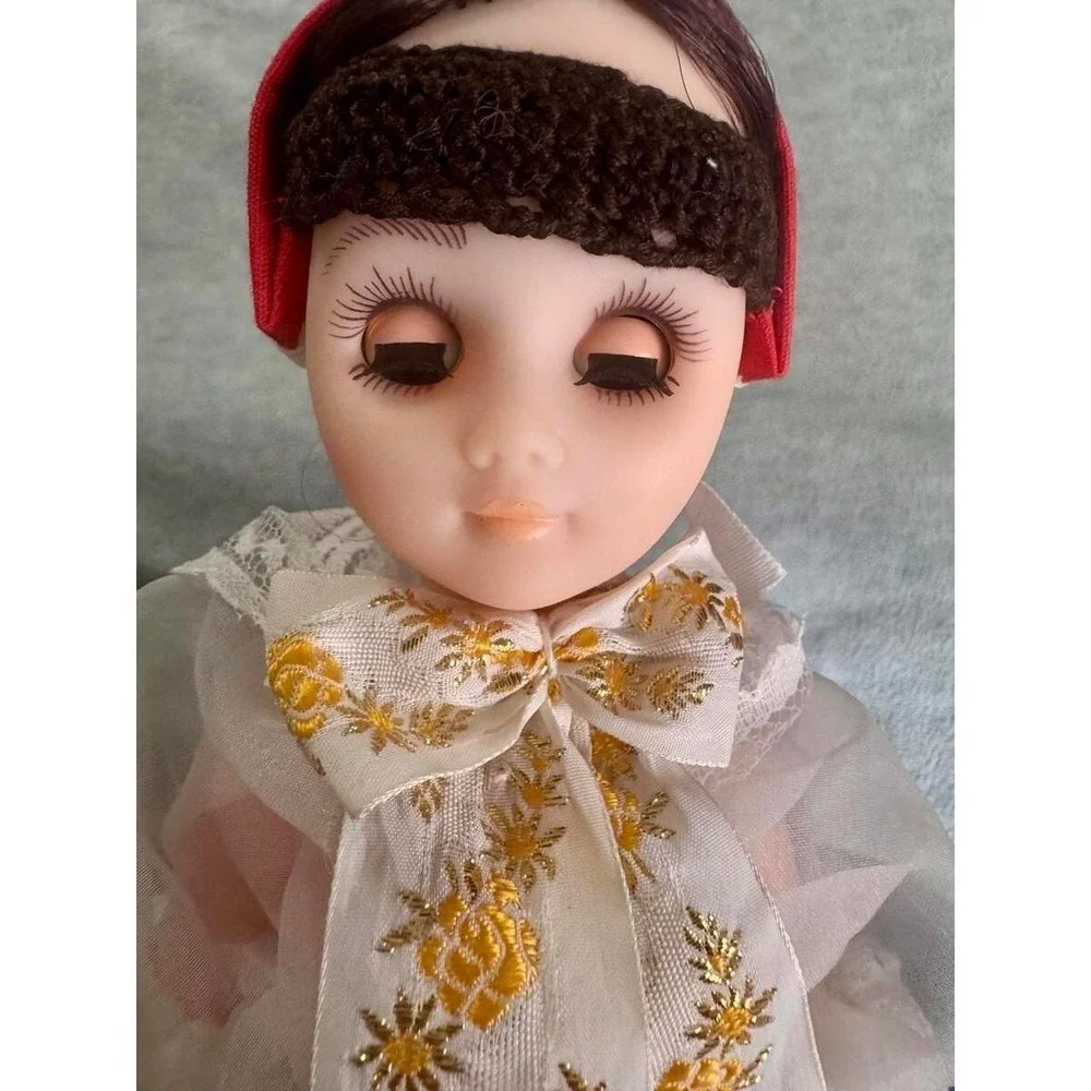 Vintage European Folk Costume Collector Doll Blue Sleep Eyes Lace Apron 10‎ Inch